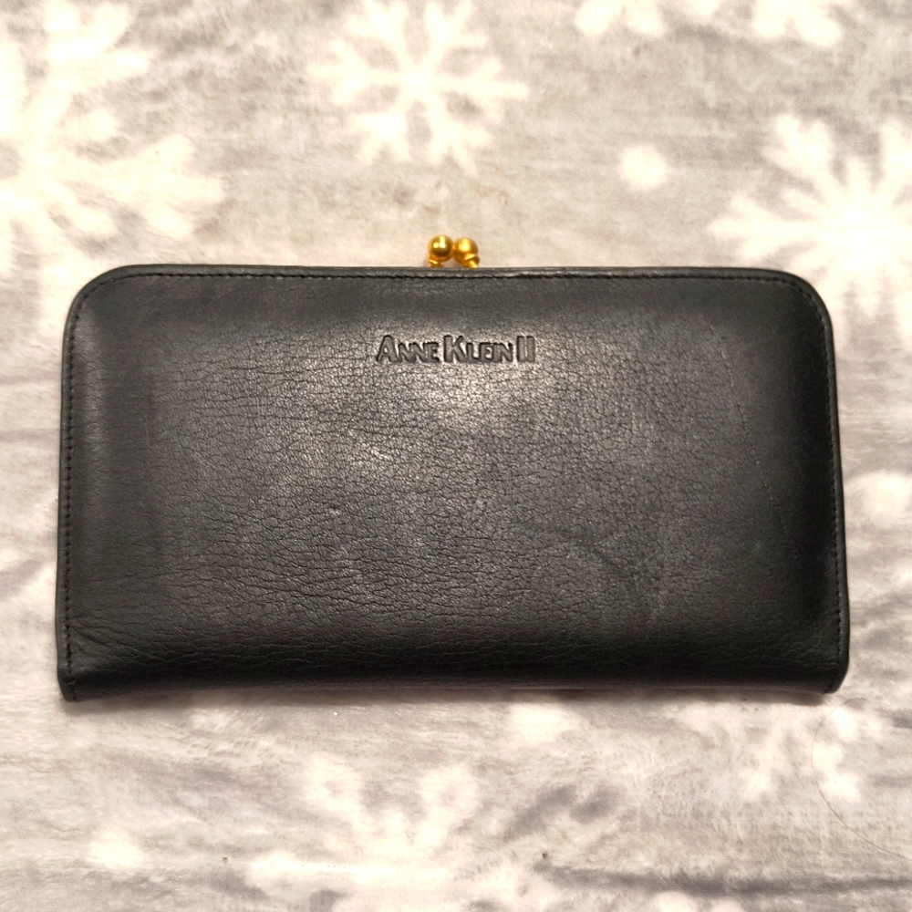 Anne Klein, II black long wallet, kiss lock change pouch, 4 long pockets, EUC
